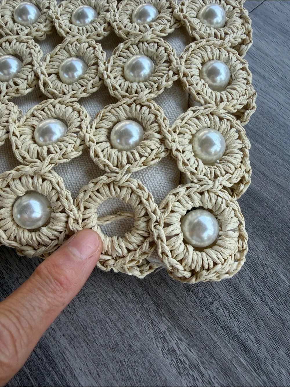 Haute Hippie Style Crochet Pearl Tote Bag Cream Woven Macrame Raffia Purse